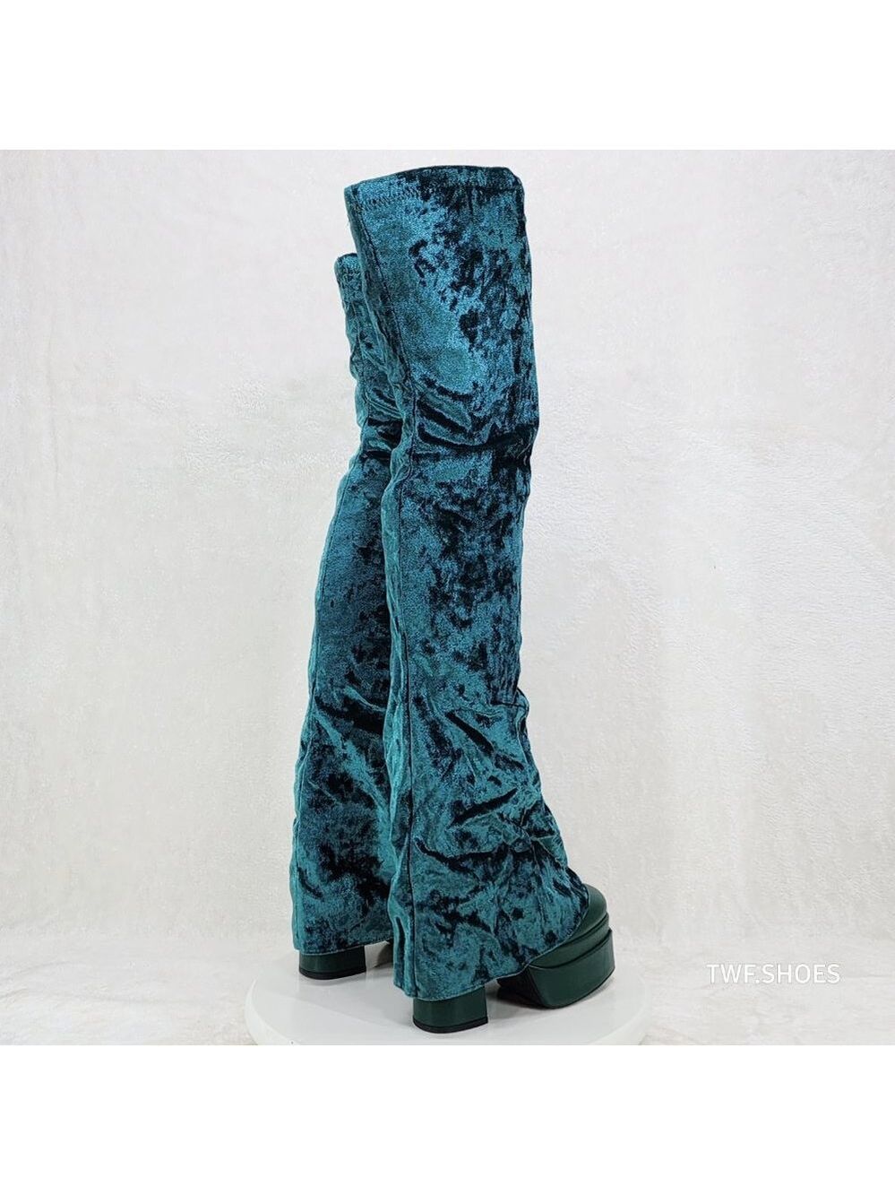 Good Will Unique Thigh High Emerald Velvet Fold over Chunky Heel Platform Boots - Picture 10 of 15
